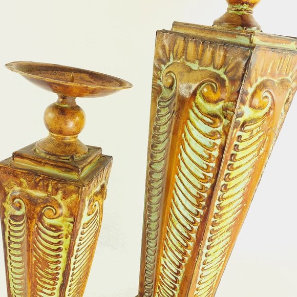 Pillar candle holder PAIR Metal with Patina Finish 2 heights - Picture 5 of 10